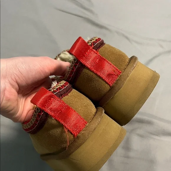 UGG Tan Suede Slip-Ons with Red Trim - Picture 4 of 5